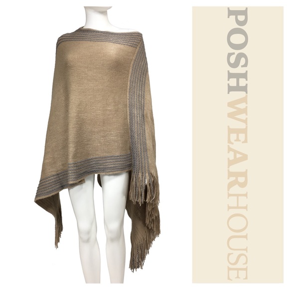 Max Edition Sweaters - Tan & Slate Blue Oversized Knit Poncho Shaw